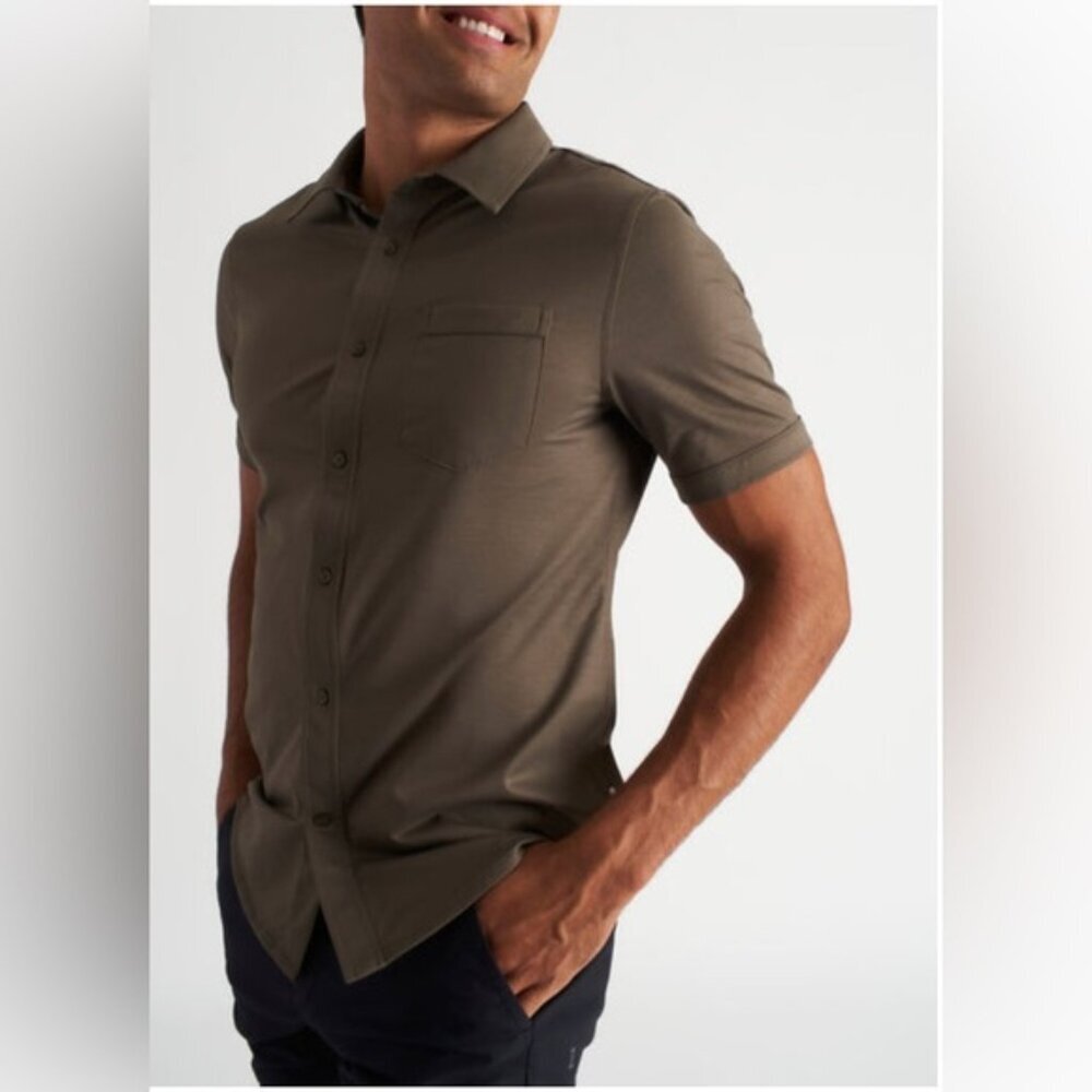 Kit and Ace Olive Short Sleeve Knit Button-Down Shirt